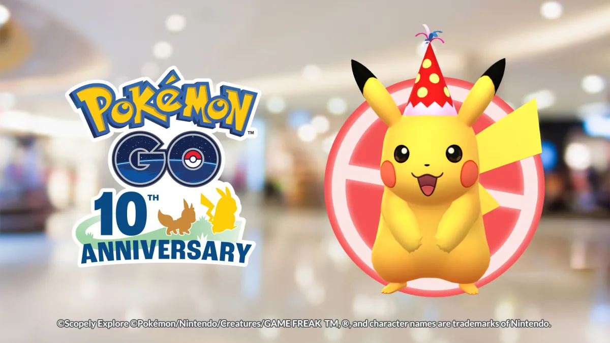 寶可夢30週年商場探險的《Pokémon GO》主視覺：戴著派對帽的皮卡丘