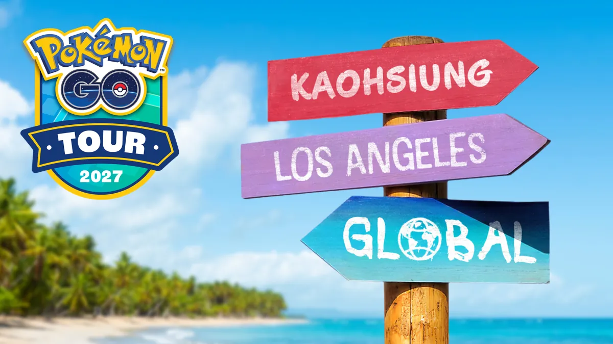 Pokémon GO Tour 2027 公告主視覺:寫著高雄、洛杉磯與全球的路標
