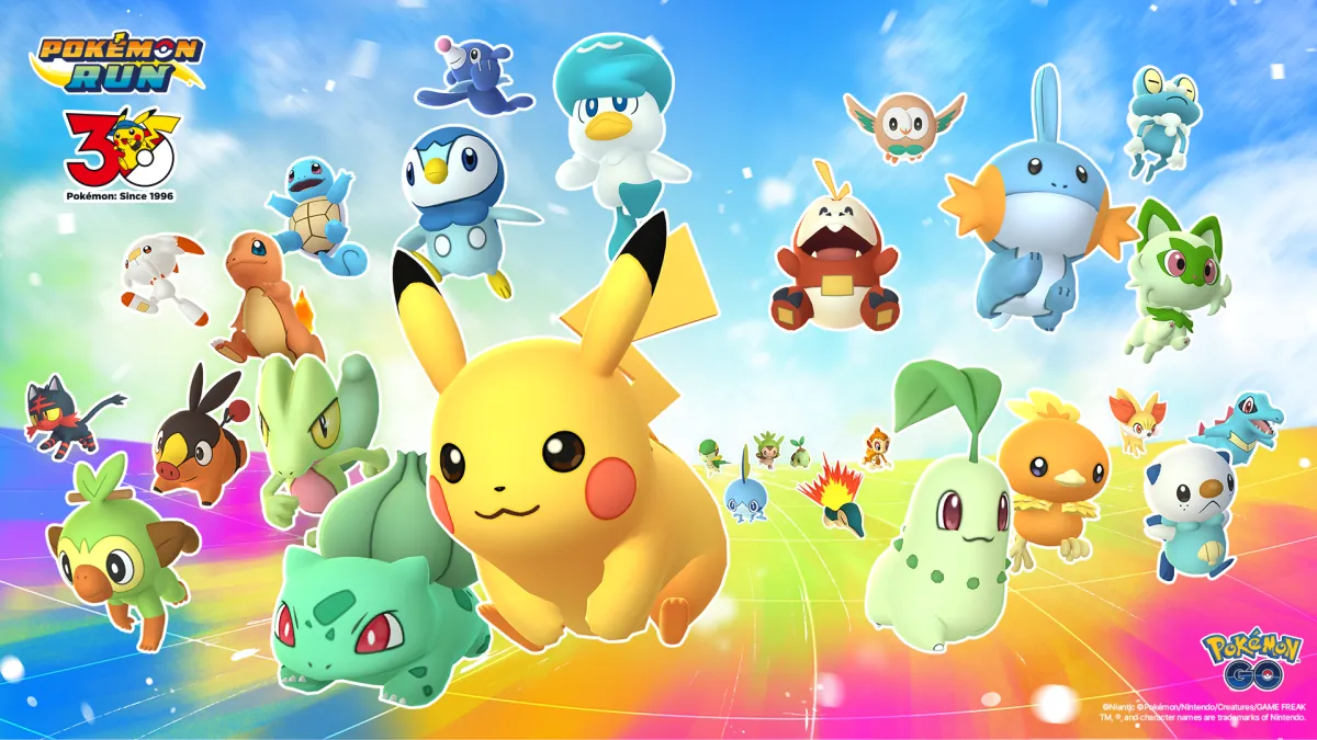 Pokémon RUN 30 主視覺:皮卡丘與各地區最初的夥伴寶可夢