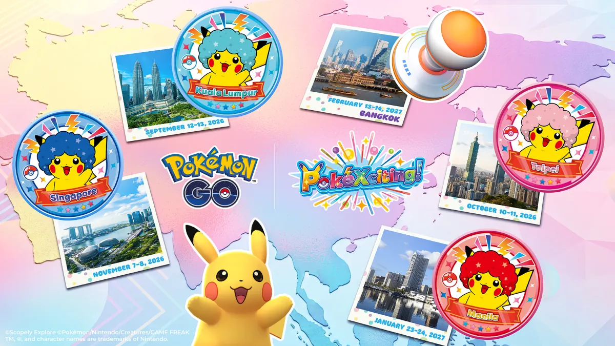 PokéXciting! 跨地區 GO集章趣主視覺:亞太各城市的皮卡丘圖章