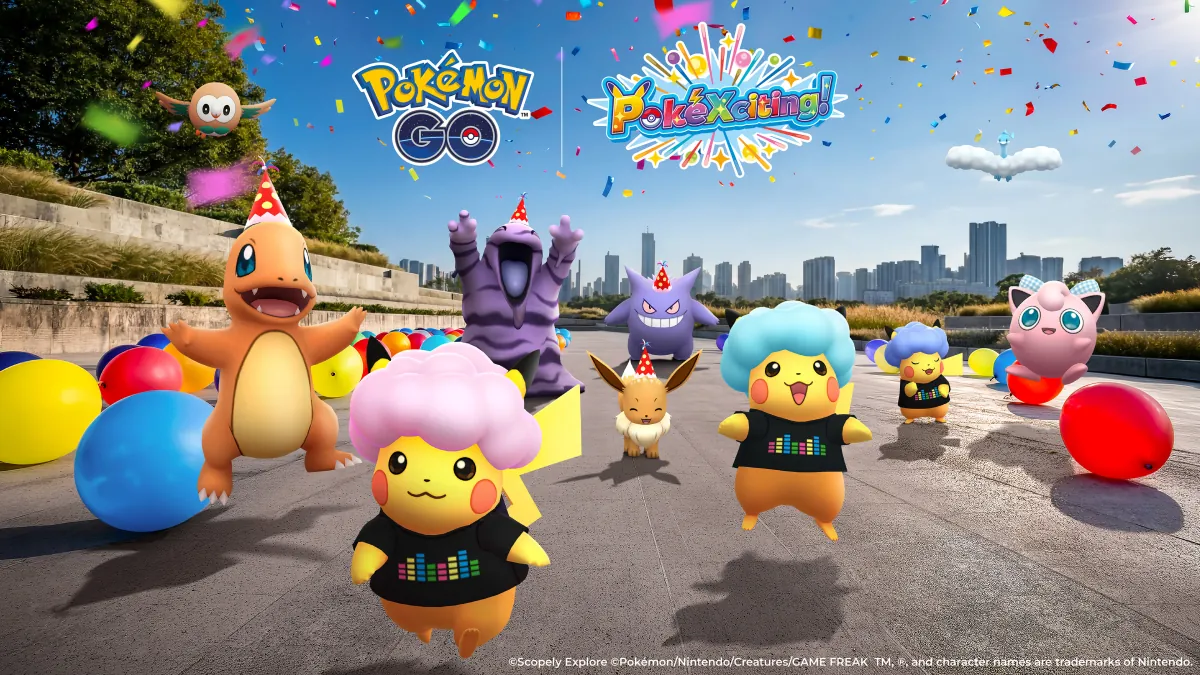 PokéXciting! 主視覺：穿著 PokéXciting! 裝扮的皮卡丘與戴著派對帽的寶可夢